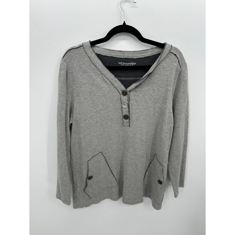 Soft Surroundings Gray Waffle Knit Henley Top‎ Petite Large Cotton Raw Edge AJ1
